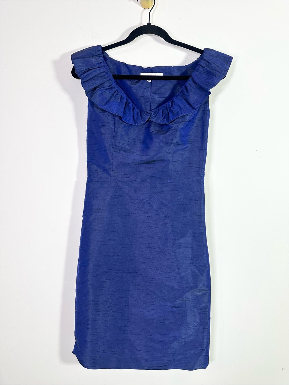 LulaKate Blue Ruffle Collar Sleeveless Boat Neck Mini Sheath Dress